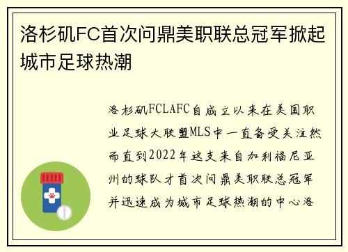 洛杉矶FC首次问鼎美职联总冠军掀起城市足球热潮