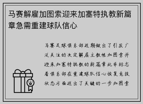 马赛解雇加图索迎来加塞特执教新篇章急需重建球队信心