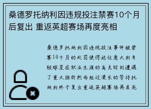桑德罗托纳利因违规投注禁赛10个月后复出 重返英超赛场再度亮相