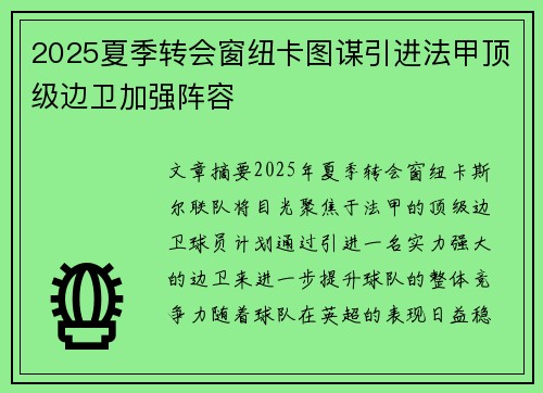 2025夏季转会窗纽卡图谋引进法甲顶级边卫加强阵容 2025夏季转会窗纽卡图谋引进法甲顶级边卫加强阵容